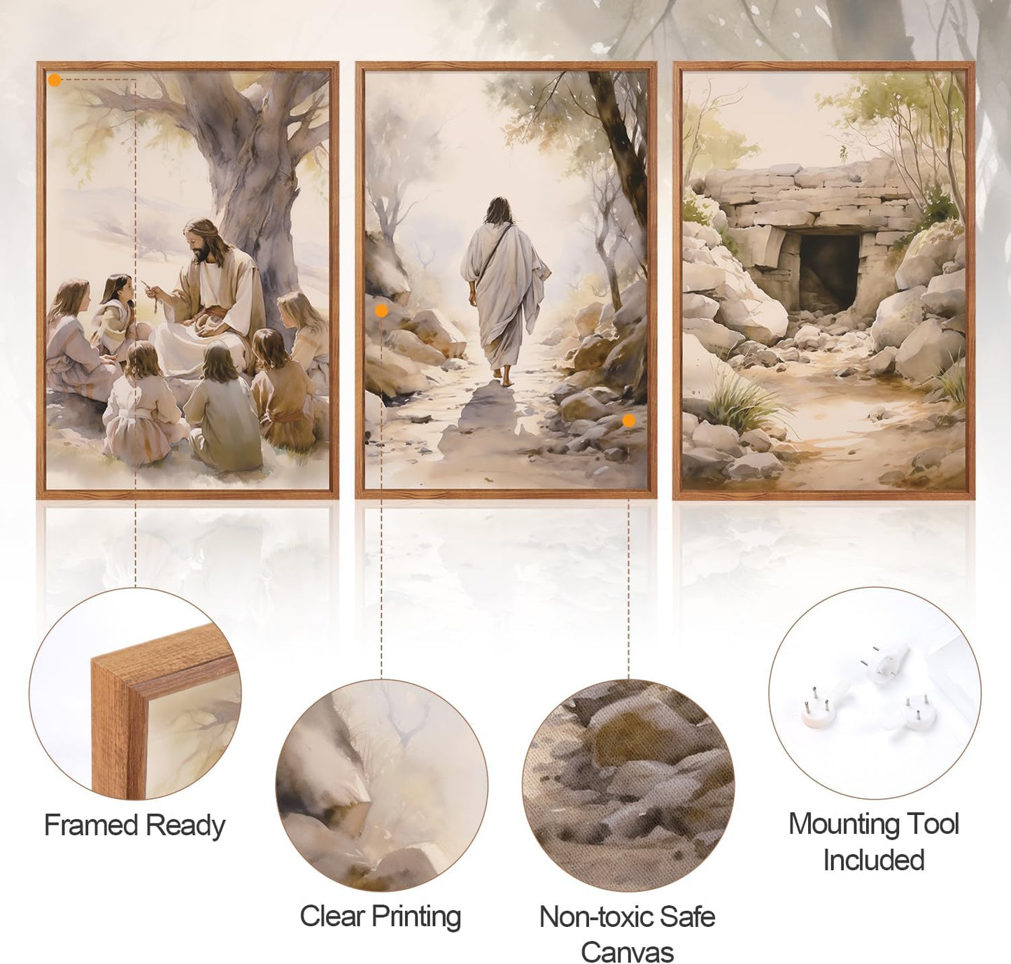 Aurlan Jesus Teaching Children Jesus on Path Framed Empty Tomb Bible Stories Wall Art(16"x24"), 3PCS Boho Christian Easter Scripture Gifts Canvas Artwork, Large Spiritual Religious Faith Decor Prints for Office Home