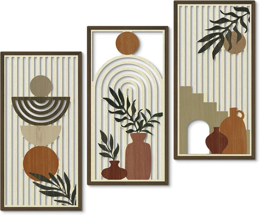 Putuo Decor Boho Wall Art Set of 3, Abstract Geometric Wooden Wall Decor, Mid-Century Modern Aesthetic Artwork with Arch, Vase & Botanical Design for Living Room, Bedroom, Office, 16.5 x 8.6 Inch