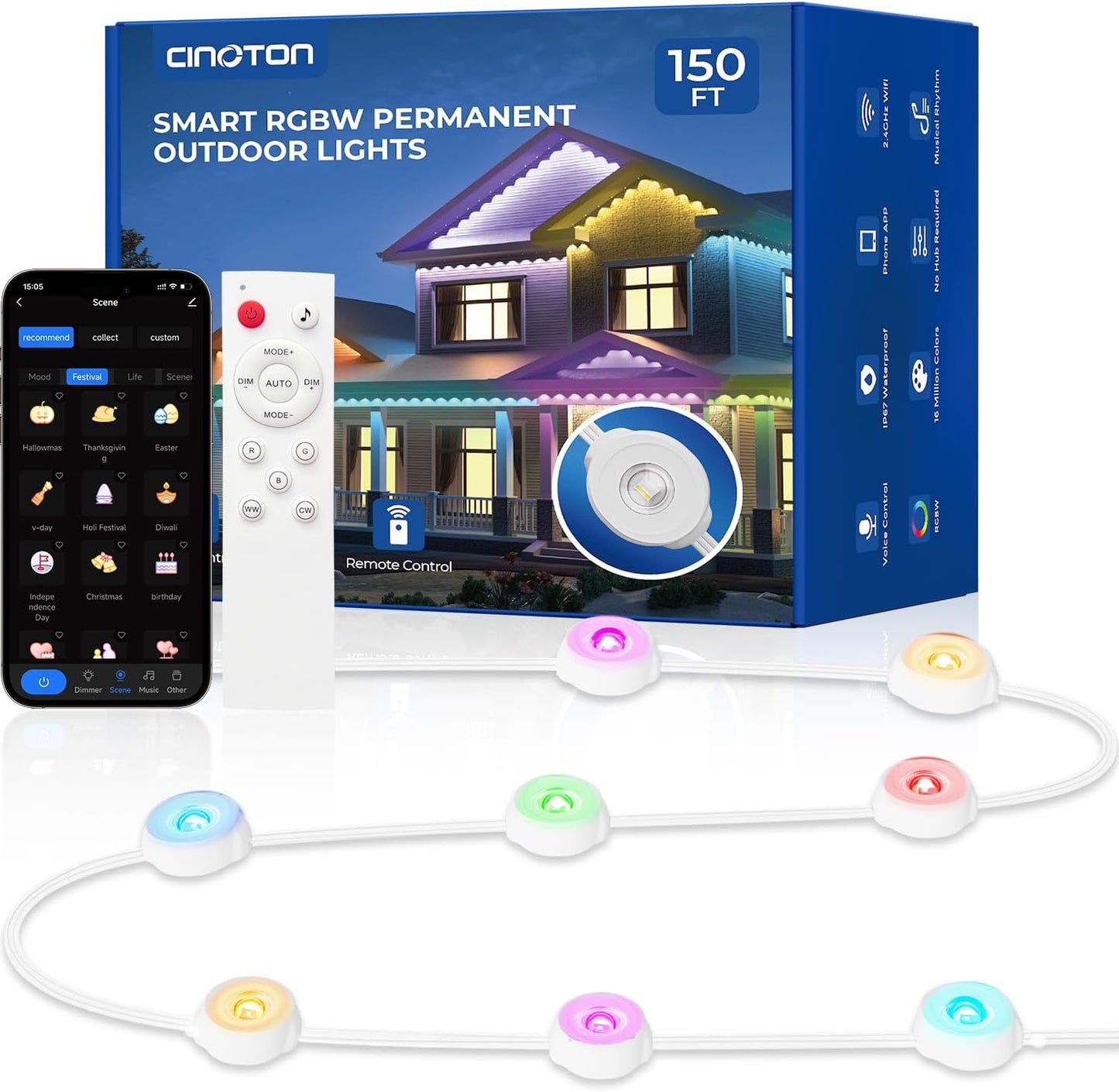 CINOTON Permanent Outdoor Lights 150ft, Smart RGBW Eaves Lights with 108 LEDs, IP67 Waterproof, 111 Scene Mode for Daily and Festival, Halloween Christmas Party Holiday Decor, APP/Voice/Remote Control