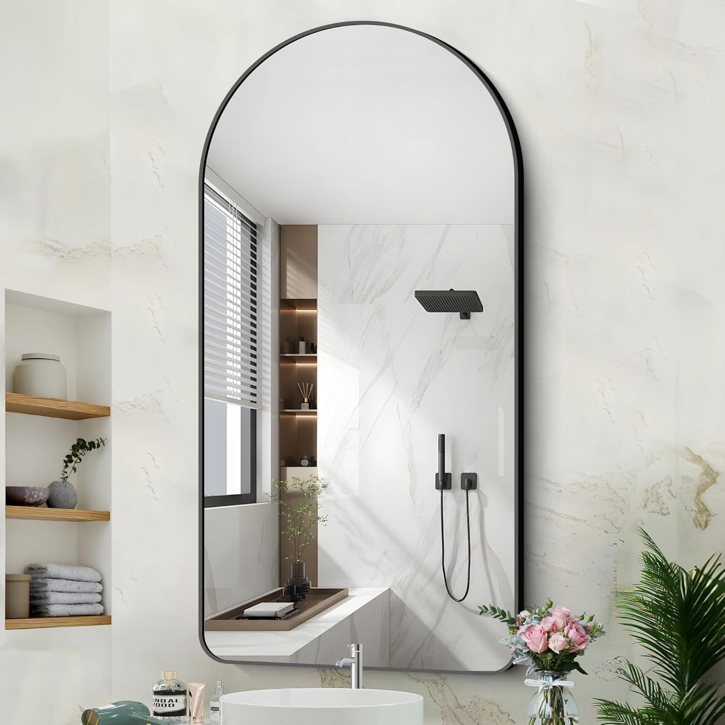 Arched Bathroom Mirror, 60"x30" Black Arched Mirror for Bathroom, Wall Mounted Mirror, Black Vanity Wall Mirror w/Metal Frame for Bedroom, Entryway, Living Room, Vertically Hanging