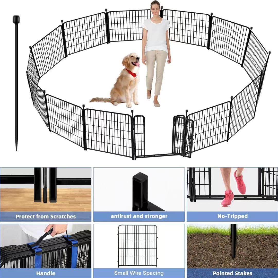 ADAVIN Tall Garden Fence 54 in(H)×22.1 Ft(L),10 Panels Dog Fence Outdoor for Yard, Heavy Duty Iron Metal Fence with Gate Low Threshold, No Dig Fences Panels, Animal Barrier Fences, Black