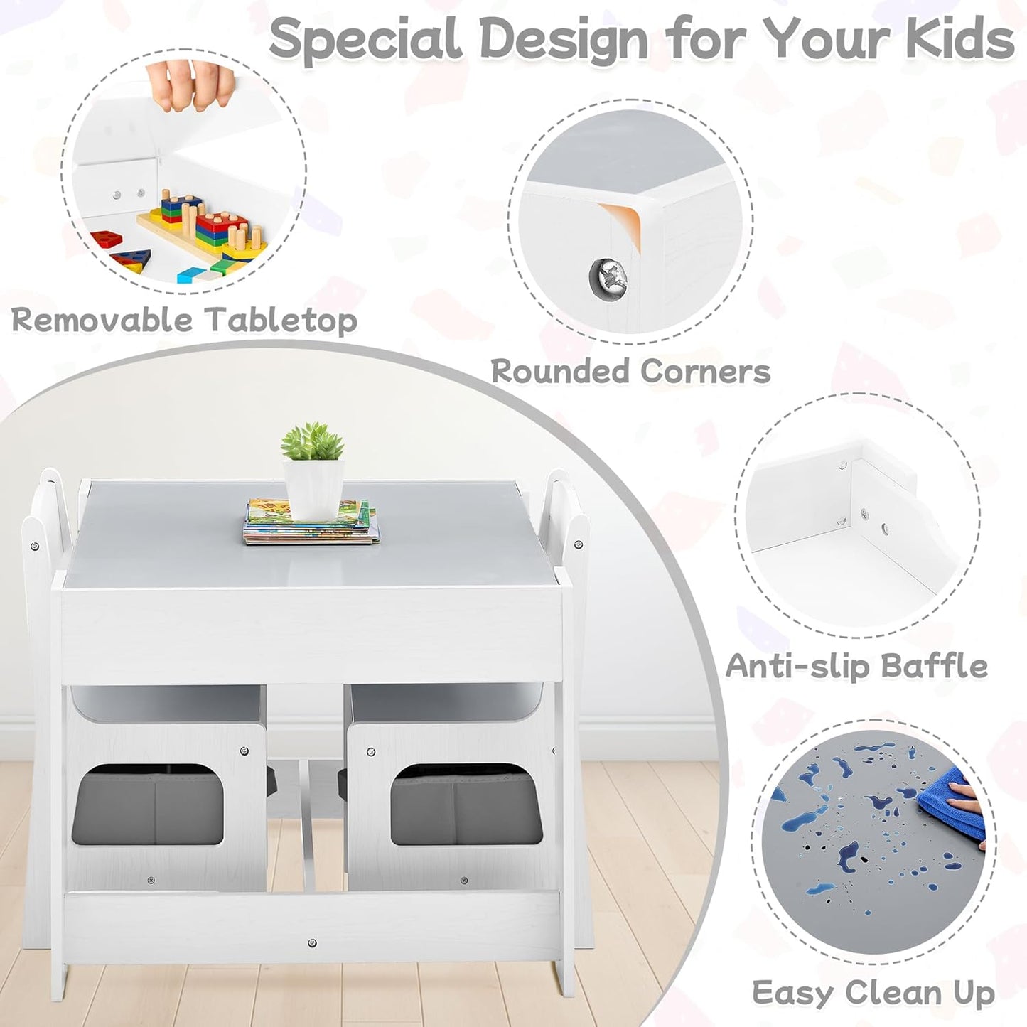 Kids Table and Chair Set, 3 in 1 Wooden Activity Table with Detachable Tabletop, Toddler Table and Chair Set with Storage Drawer, Kids Play Table for Children Art, Craft, Eating, Learning