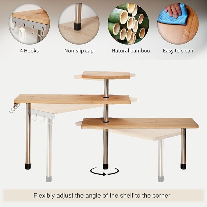 HYNAWIN Corner Shelf, 3 Tier Bamboo & Metal Storage Spice Rack-Desk, Space Saving Bookshelf with Hooks, Adjustable Display Shelf for Creative Home Décor Kitchen, Bedroom, Office (21CO)