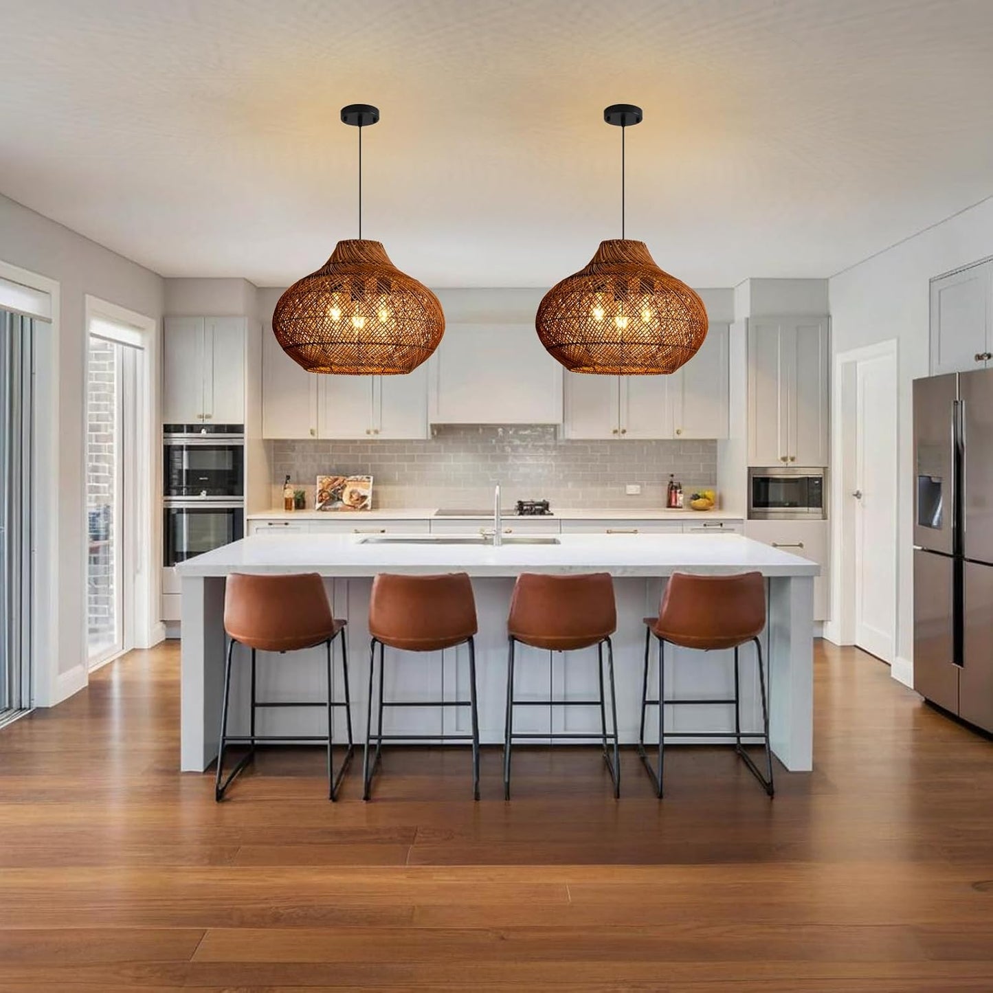 3-Light Dark Brown Rattan Pendant Light,18.9" Rustic Hanging Light,Round Curry Wicker Pendant Light Hand-Woven Rattan Chandelier for Workplace Dining Living Bedroom Kitchen Farmhouse