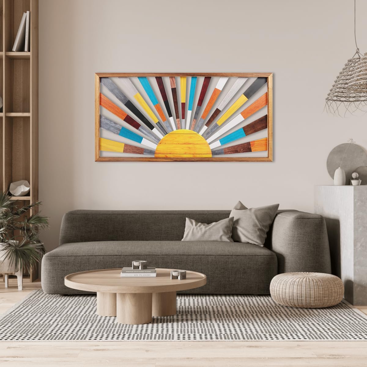 IARTTOP Large Boho Sun Wall Art Framed Wooden Art Wall Decor Rainbow Sun Rising On The Horizon Geometric Line Sunshine Wall Art for Living Room Bedroom Office 16"x32"