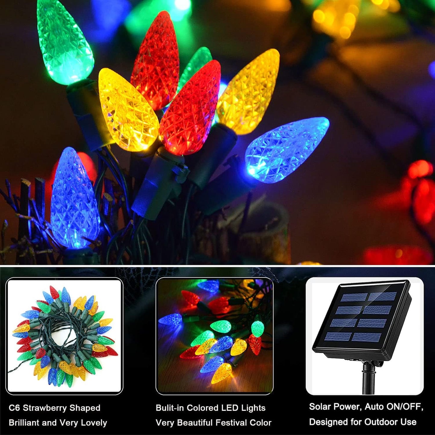HUGSVIK C6 Solar Christmas Lights Outdoor Waterproof, 21Ft 50LED Strawberry Colored, 8 Modes Solar Powered for Tree Wreath Garland Garden Patio
