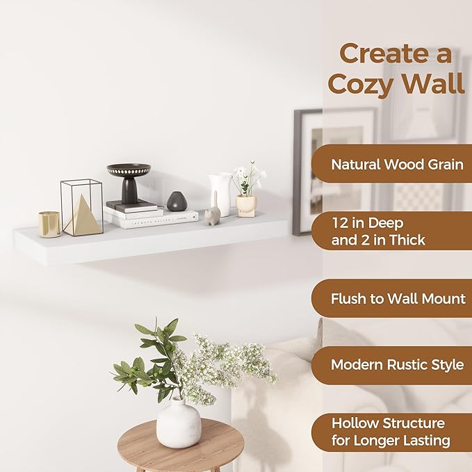 Fun Memories 30 Inch Floating Shelves White, 12 Inch Deep Floating Shelf for Books, 30 x 12 x 2 Deep & Thicked Wall Shelves for Bathroom, Living Room, Kitchen, Set of 1