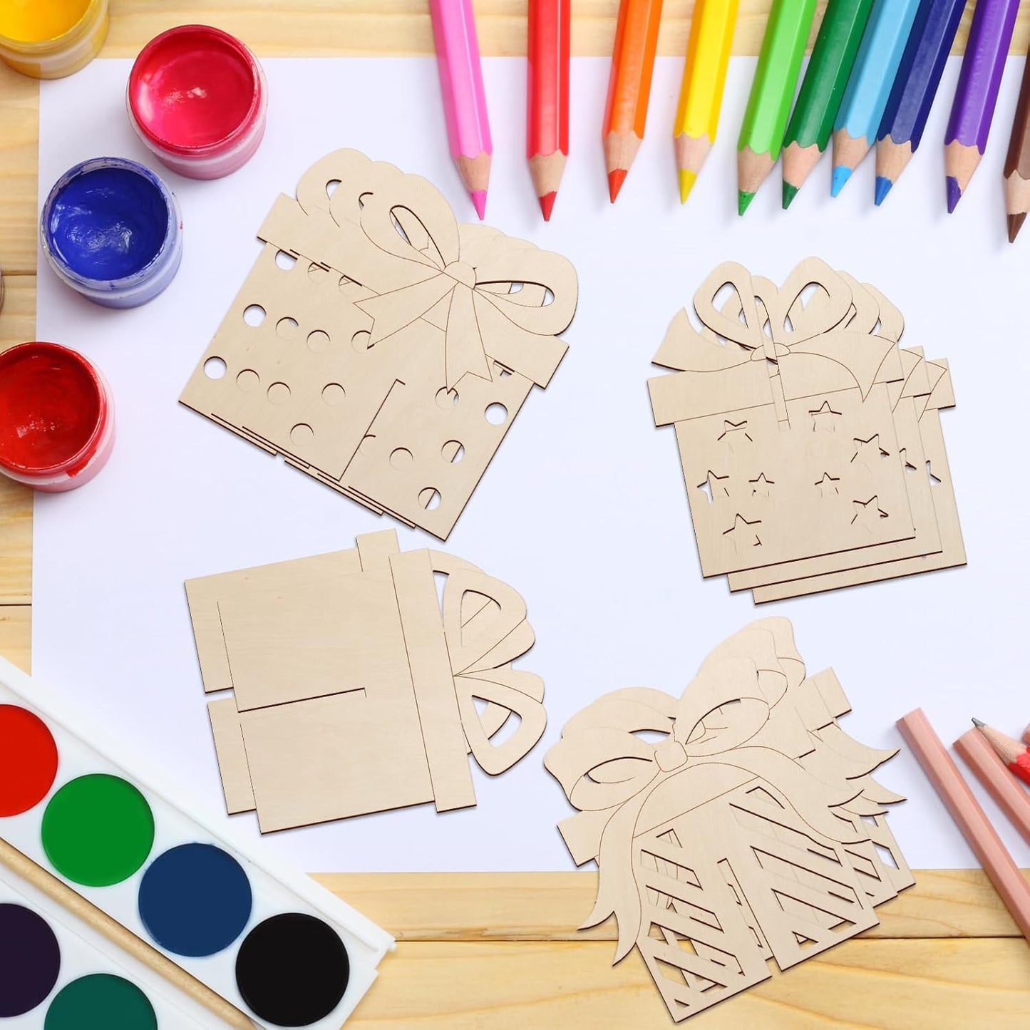 COCHIE DIY 3D Christmas Gift Box Wood Crafts to Paint for Kids Adults, Paintable Unfinished Wooden Slices for Craft, Xmas Gift Boxes Cutouts Ornaments for Painting Decorations (24 PCS)