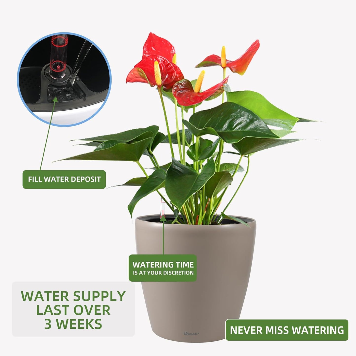 Dexceder 15x14 Self Watering Planter with Wheels Indoor Outdoor, Inner Pot Design, Thickened Large Floor Standing Flower Plant Pot with Water Level Indicator (Taupe Matte)