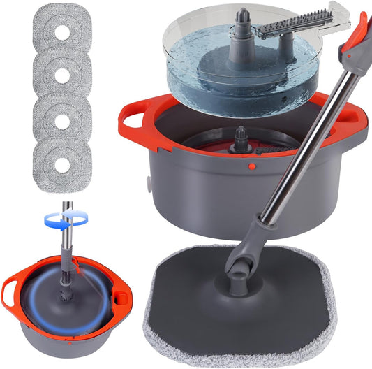 Spin Mop and Bucket Set with Separate Dirty and Clean Water,360° Spin Mop and Bucket System with Widening Foldable Handle,4 Replaceable Mop Pads,Square Mop for Floor Hardwood Tile Marble Wall Cleaning