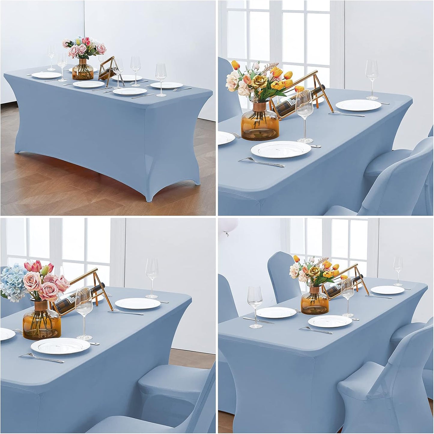 CWK 8FT Waterproof Stretch Spandex Table Cover for Rectangular Tables - Elastic Fitted Tablecloth for Folding Tables,Wrinkle Resistant Table Cloth for Parties, Weddings, Banquets & Events (Sky Blue)