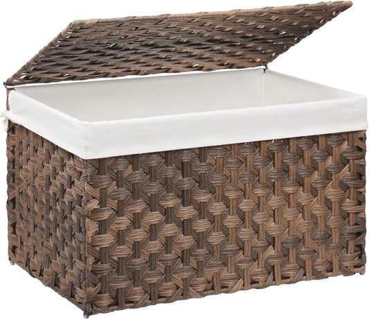 Wicker Storage Basket with Lid, 42.3 Gallon (160L) Large Blanket Basket with Lid, Woven Storage Bin with Handles, Removable Liner, Metal Frame, Foldable, for Bedroom, Laundry Room, Brown