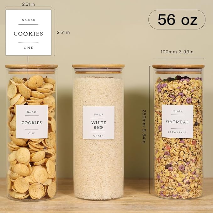 3 Pack Glass Jar with Airtight Bamboo Lid and White 132 Kichen Pantry Labels Preprinted - 56 Oz Clear Tall Glass Food Storage Containers set For Pasta Flour Cookie Rice