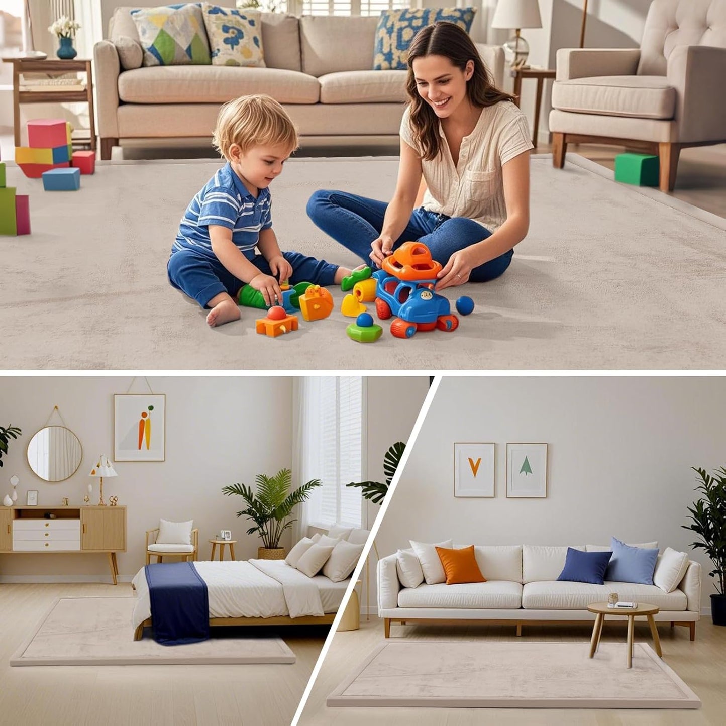 ACOMOPACK Baby Play Mat for Floor,1.3" Thick Memory Foam Area Rug for Living Room,Soft Velvet Crawling with Non-Slip Bottom for Kid,Toddler,79"×118" Tummy Time Nursery Rugs,Yoga（Beige）