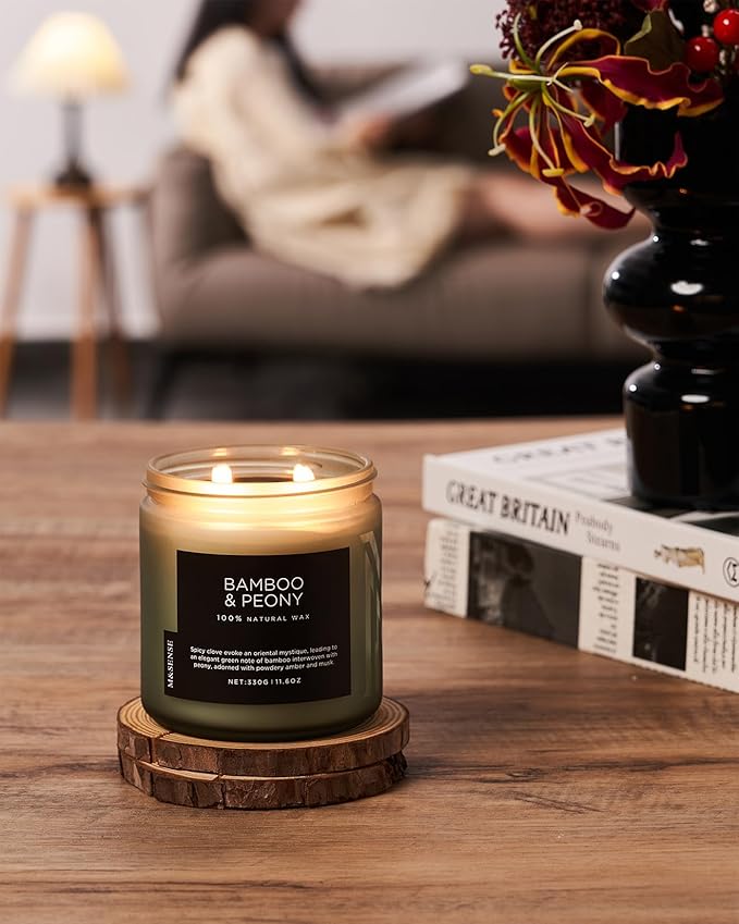 M&SENSE Bamboo Peony Scented Candle, 11.6oz Aromatherapy Jar Candle, 70 Hour Burn Time, Natural Soy Wax Blend, Stress Relief, Home Fragrance