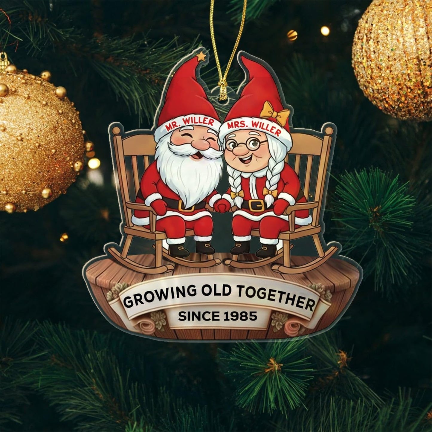 Customized Old Couple Gnome Sitting On Rocking Chairs Growing Old Together Christmas Ornament 2025, Personalized Text Shaped Xmas Ornament Gift for Mr Mrs Dad Mom/Grandparents, Anniversary Ornaments
