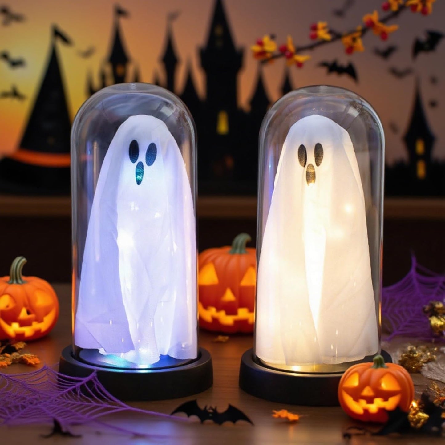 Light Up Ghost in Glass Cloche,Halloween Decorations Indoor,Cute LED Ghost Decor for Mantel,Tabletop,Cute Decorative Ornaments Suitable for Halloween Parties and Festivals(Warm Light,PVC Cover)