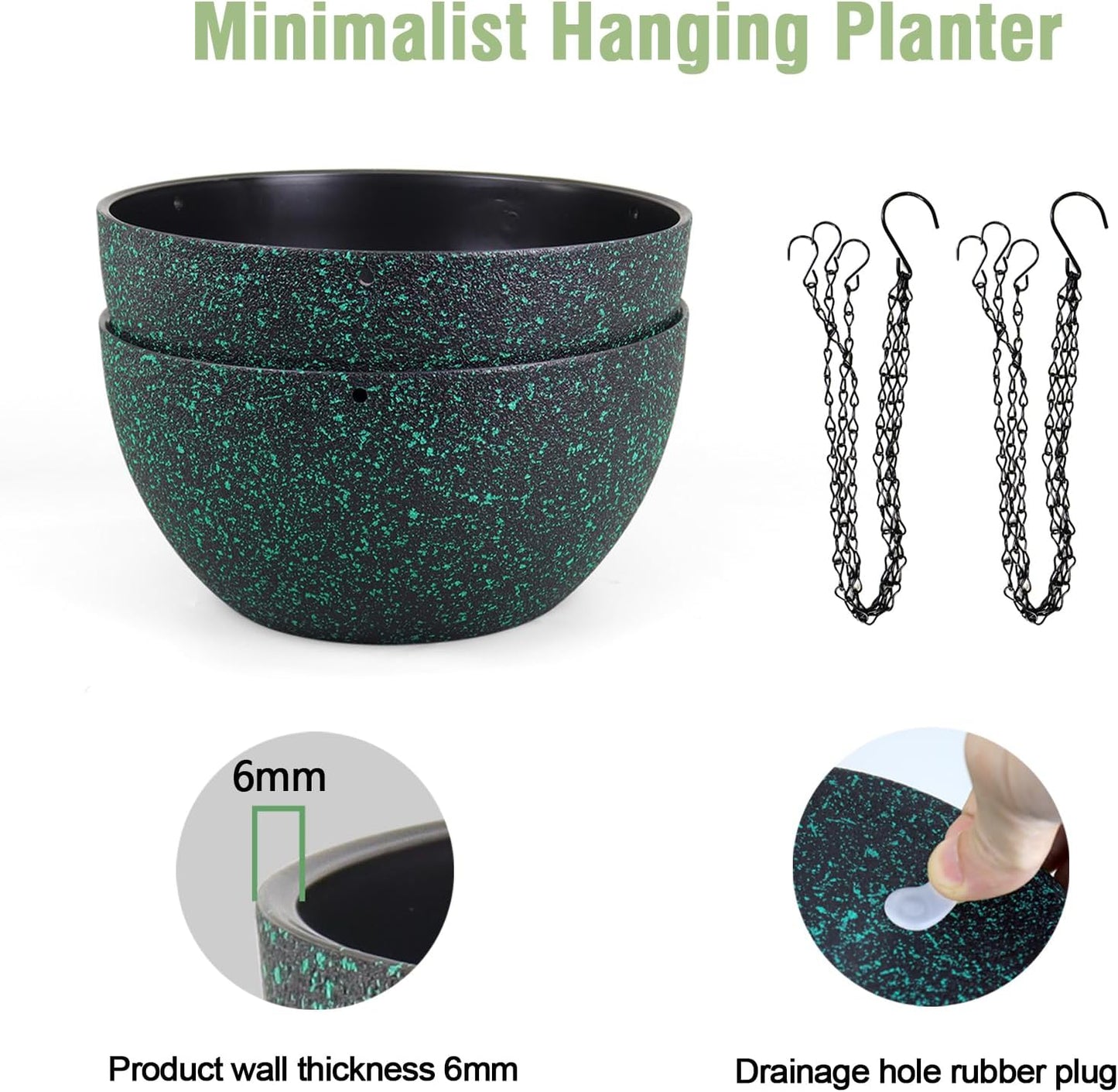 8 inch Small Hanging Planters for Indoor Outdoor Plants, 2 Pack Hanging Flower Pots with Drainage Holes and Chain, Plastic Hanging Baskets for House Plants, Black with Green Speckles