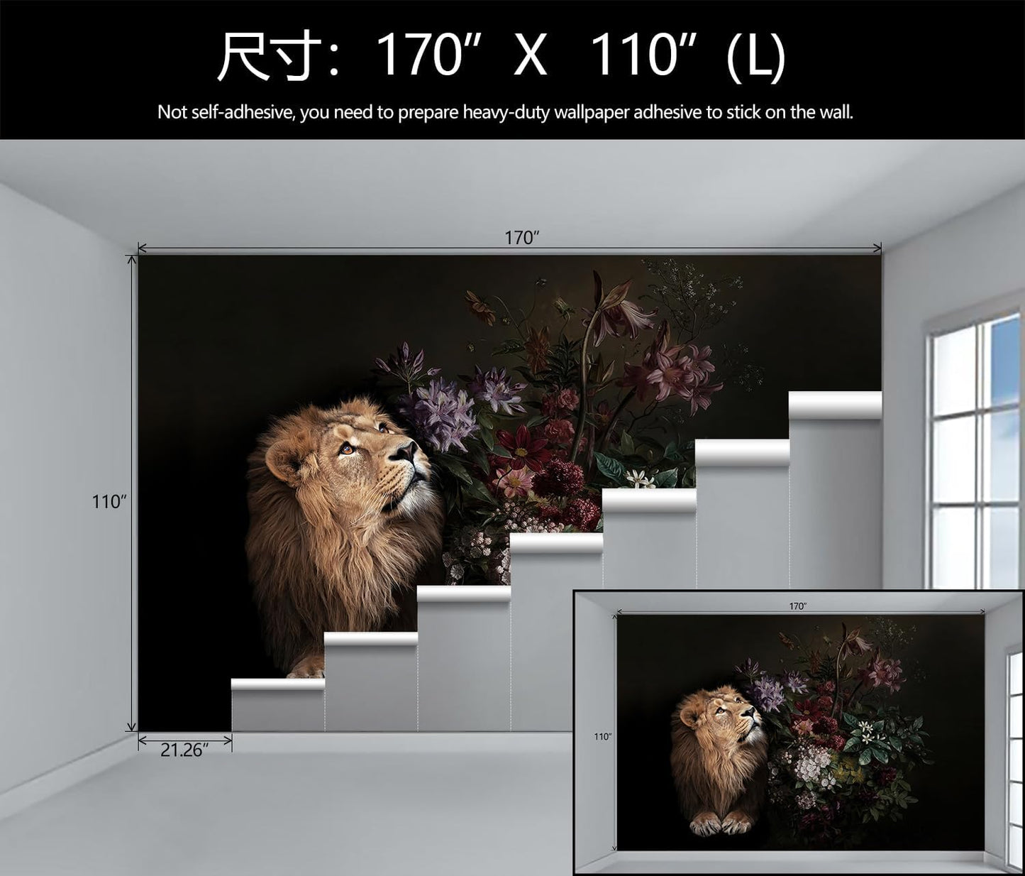Lion Floral Wallpaper Nursery Wildlife Background Wall Mural Children's Room (Not Peel and Stick)