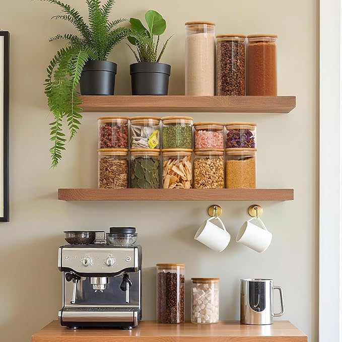 ComSaf Airtight Glass Food Storage Jars Set of 6, 0.6 Qt Clear Glass Food Storage Container with Sealing Wooden Lid, Stackable Spice Jar, Round Kitchen Canister for Sugar, Tea, Coffee bean, Pasta, Oat