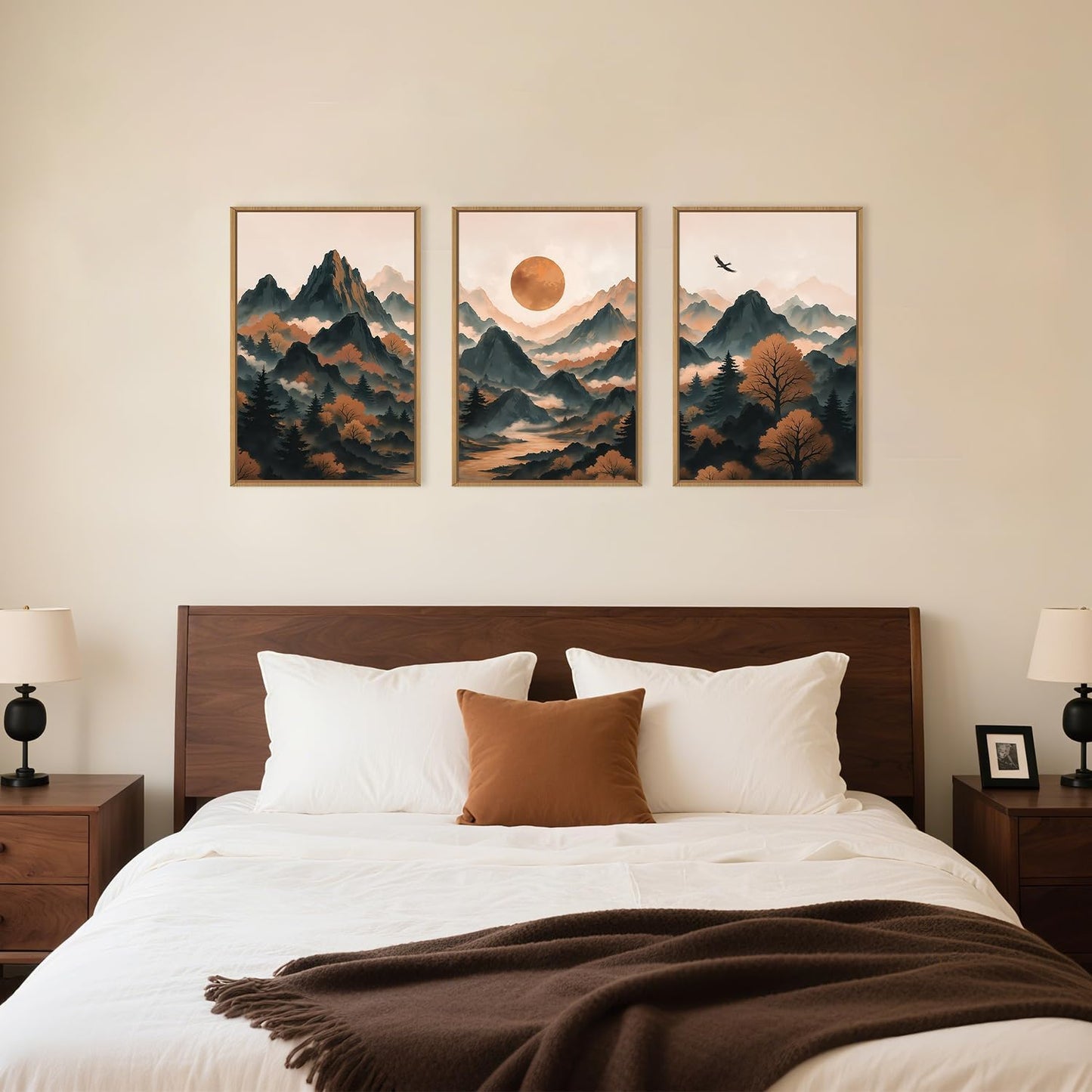 Celestdeco Large Boho Mountain Framed Canvas Wall Art Set, Brown Ridge Landscape Wall Decor, Pine Tree Scenery Wall Painting, Abstract Wilderness Art Print for Living Room, Bedroom, Office - 24"X36"X3