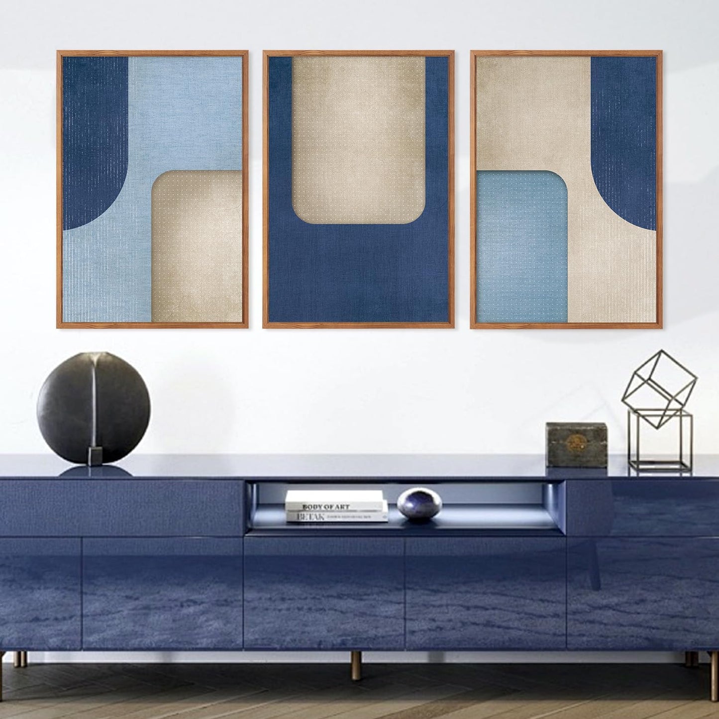KAIRNE Blue Modern Abstract Canvas Wall Art,Neutral Prints Set of 3(16”X24”),Simple Design Wall Decor,Boho Minimalist Paintings,Blue and White Geometry Pictures for Living Room Bedroom Office Decor