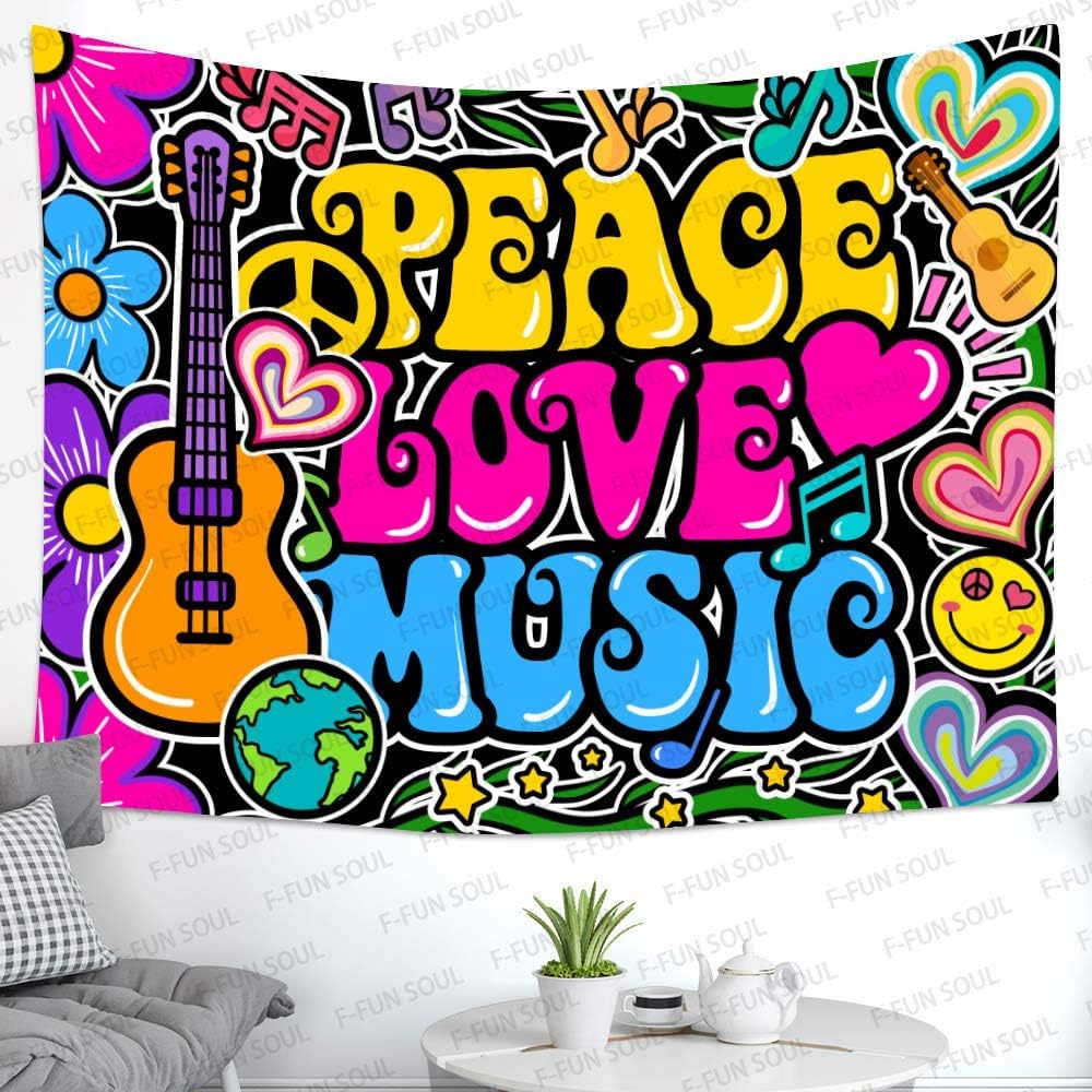 F-FUN SOUL Peace Love and Music Tapestry, 90x84inches Soft Flannel, Guitar Symbol Dove Flowers Psychedelic Art Tapestries Wall Hanging for Bedroom Living Room Decor Banner GTZYFS1204
