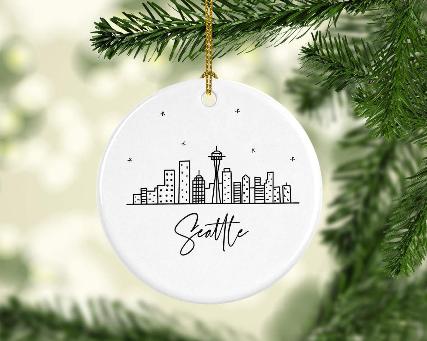 Andaz Press Round Ceramic Porcelain Christmas Tree Ornament Keepsake, Seattle Black and White Stars City Skyline Graphic, 1-Pack, Birthday Gift Ideas Family Coworker Him Her, Includes Gift Box