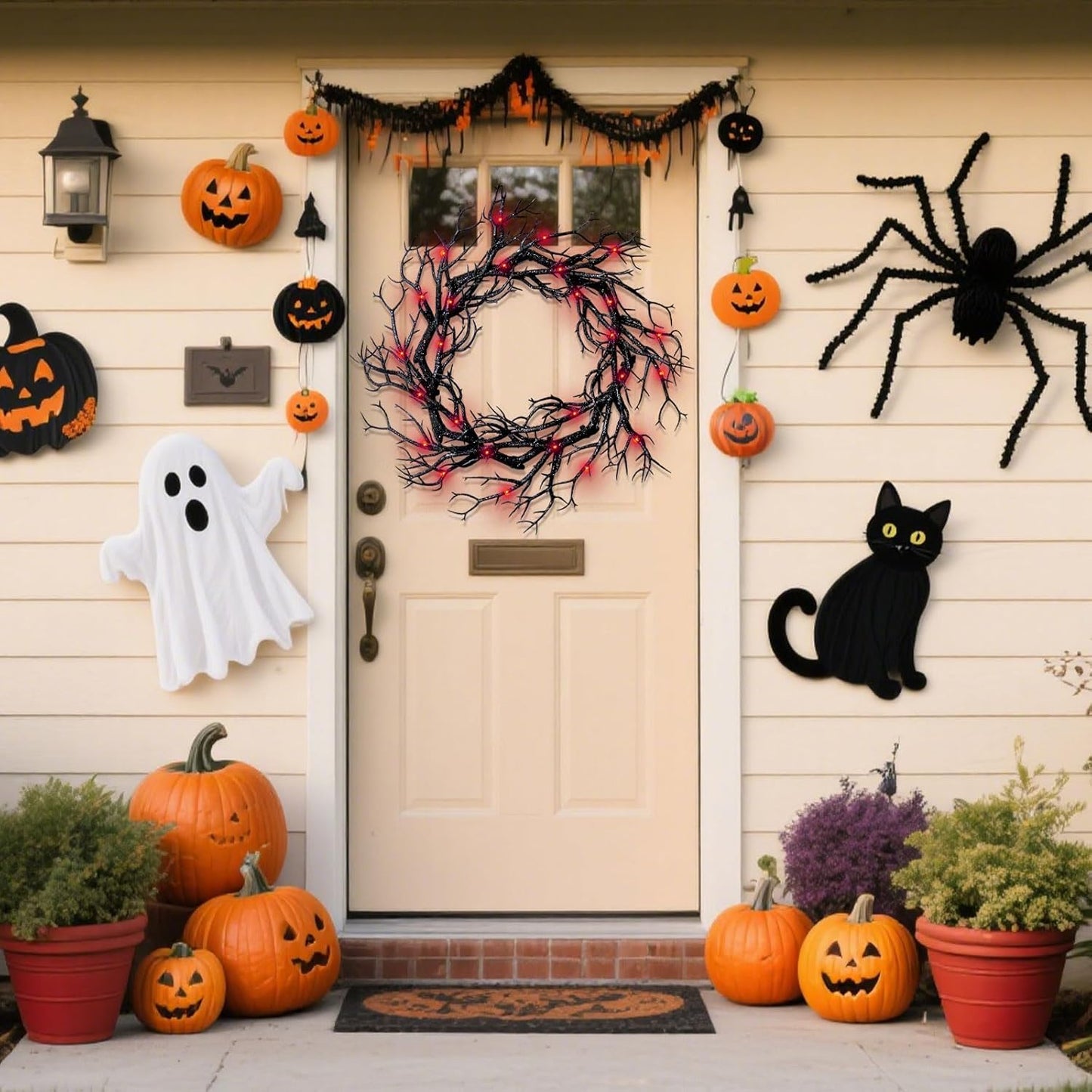 Halloween Black Branch Wreath - 20 Inch Glitter Black Twig Halloween Wreaths with Red Lights for Front Door Indoor Outdoor Party Window Wall Decor Farmhouse Garland Yard