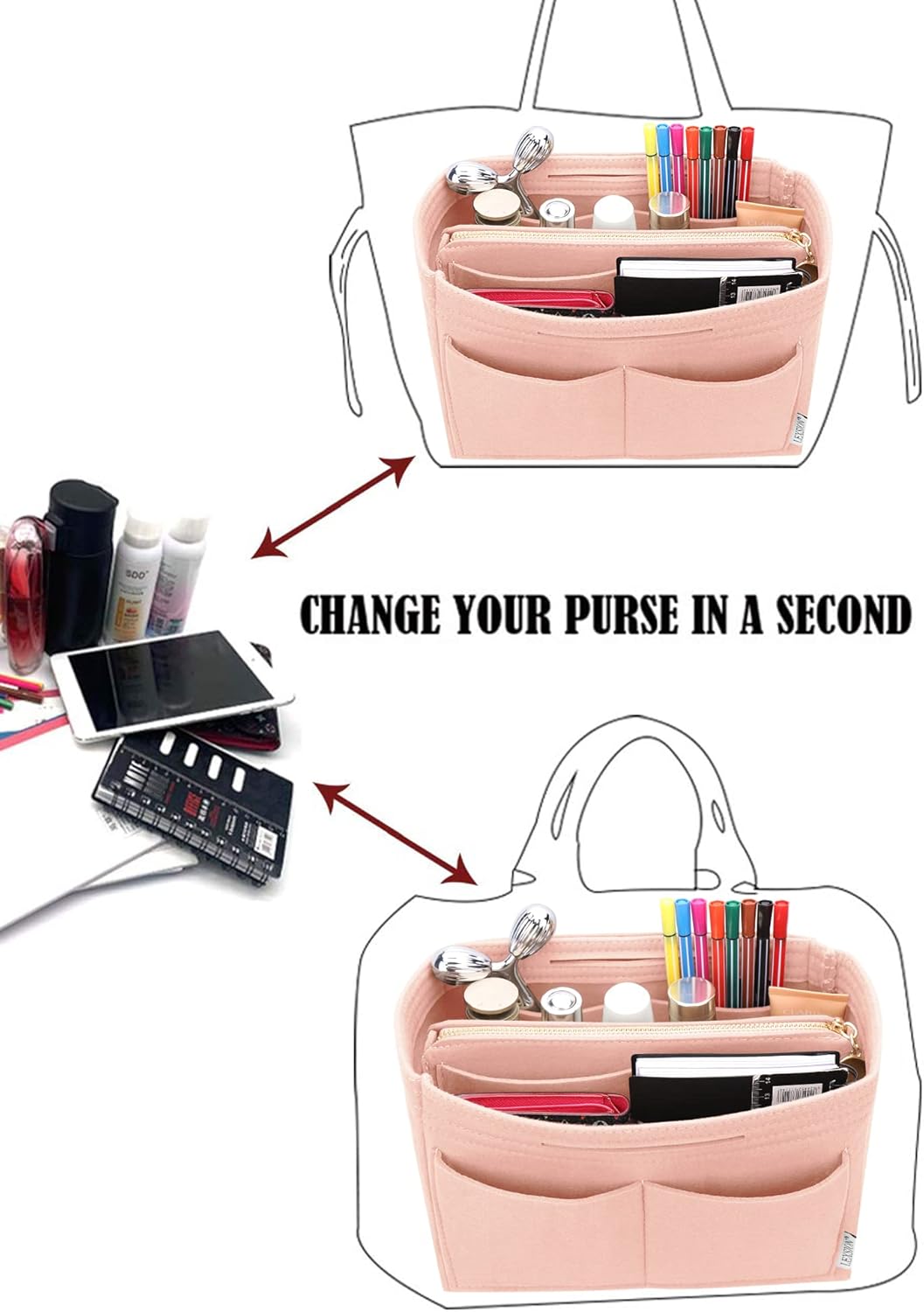 LEXSION Felt Purse Bag Organizer Insert with zipper Bag Tote Shaper Fit Speedy Neverful PM MM