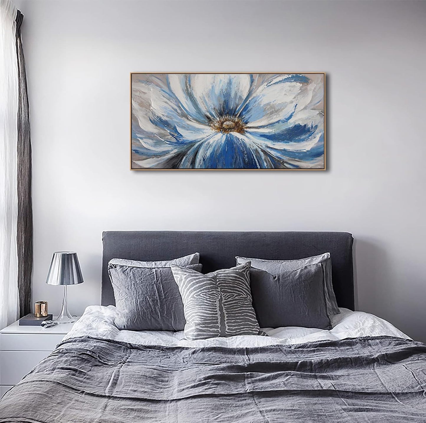 Blue Wall Art for Living Room Large White Flower Picture Wall Decor Canvas Art Wall Artwork Pictures for Bedroom Wall Decor Size 24x48(With Soild Wood Dark Framed)