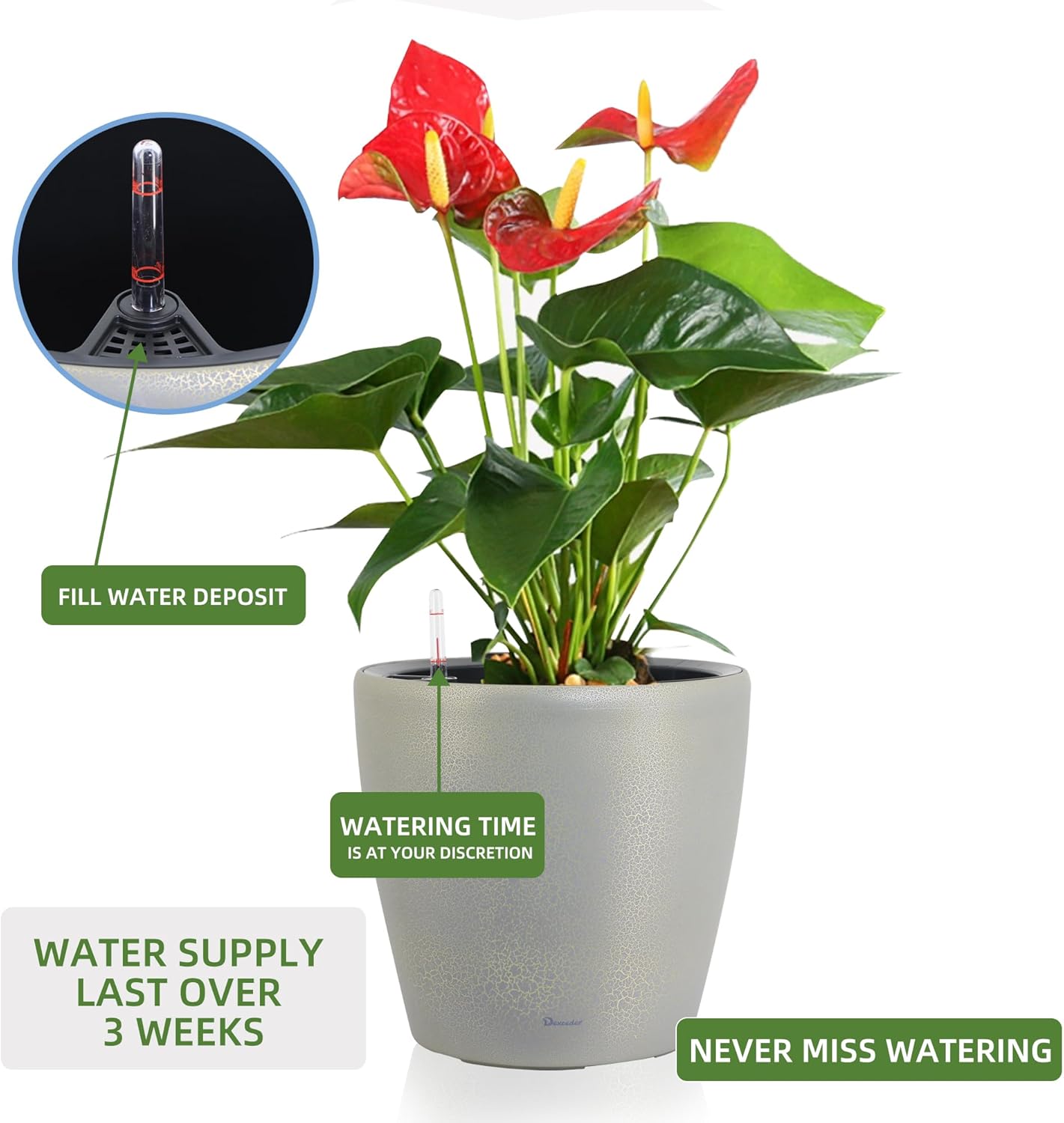 Dexceder 18x17 Self Watering Planter with Wheels Indoor Outdoor, Inner Pot Design, Thickened Large Floor Standing Flower Plant Pot with Water Level Indicator (Grey Gold Crackle)