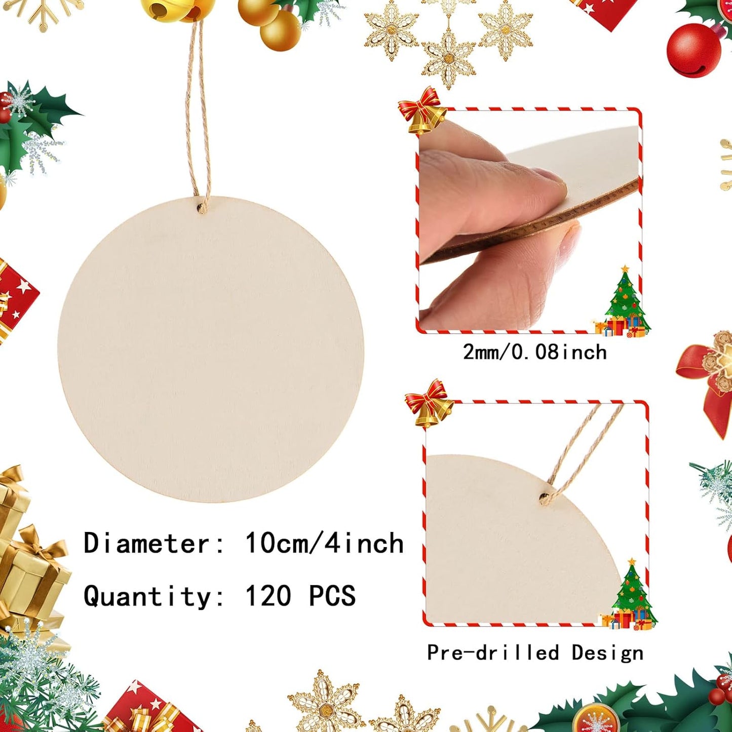 120 Pcs 4 Inch Unfinished Rounds Wood Circles with Holes Wooden Tags Round Wood Discs Cutouts for Crafts Natural Blank Wooden Circle Ornaments Hanging Tags for DIY Crafts, Party, Christmas, Home Decor