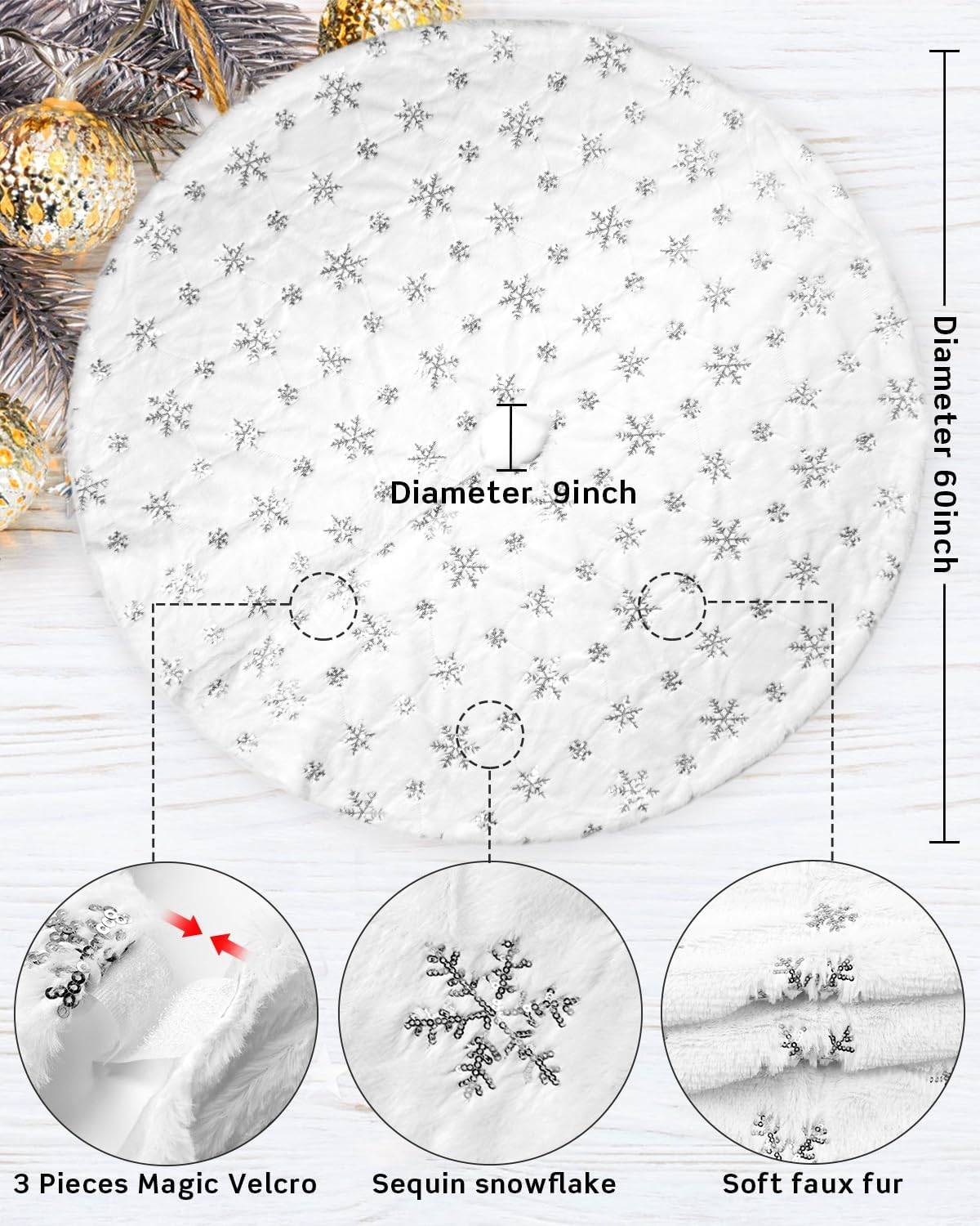 COOLWUFAN 60 Inches Christmas Tree Skirt for Xmas Tree Holiday Party Decorations White Plush Silver Sequin Snowflake (Silver)