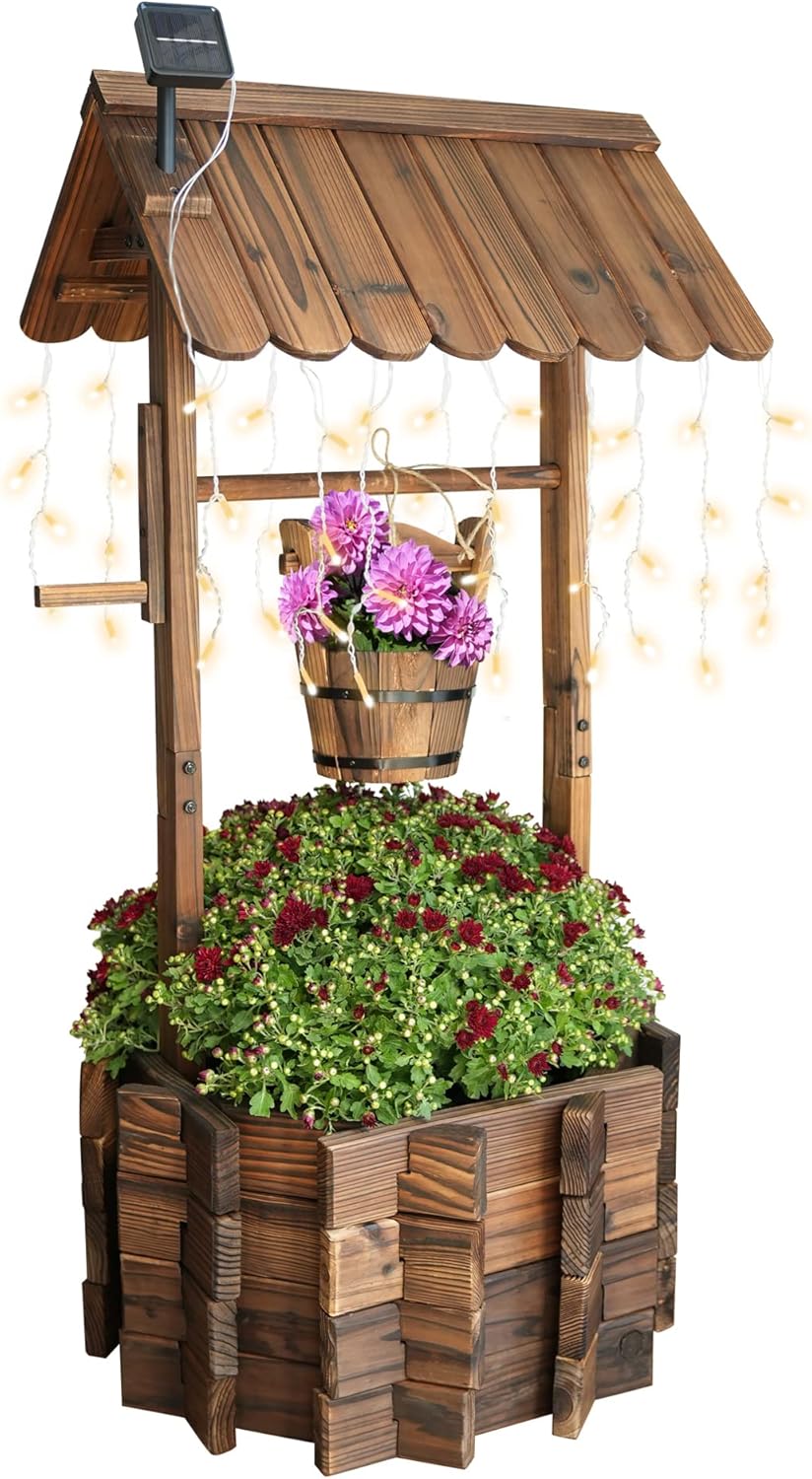 Garden Wooden Decor Rustic Wishing Well with Light Planter Outdoor Home Décor for Patio, Upgrade Wishing Well Garden, Yard Hanging Bucket Patio Lawn Backyard Home Decor