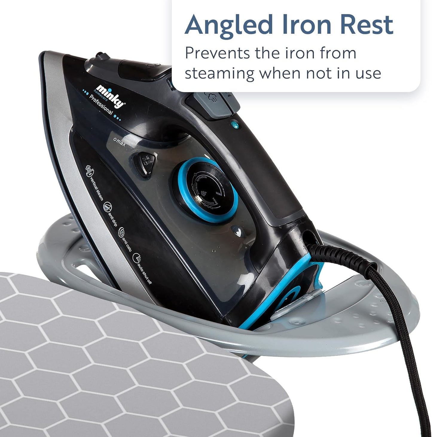 Minky Homecare Classic 4-Leg Ironing Board with Iron Rest - Freestanding Full Size Iron Board for Clothes Pressing with 43" x 14" Surface - Grey Honeycomb