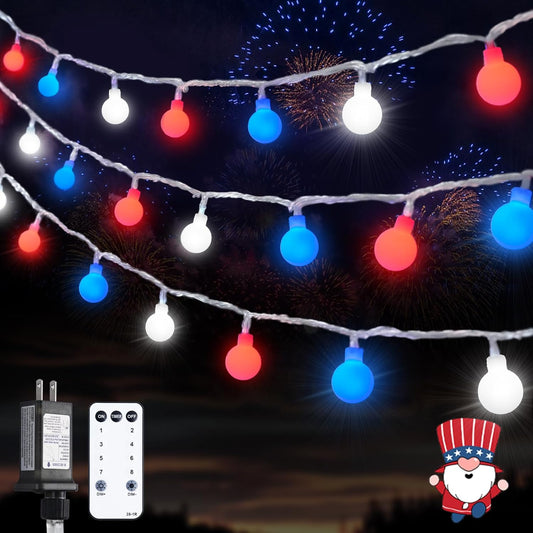 JMEXSUSS Connectable Red White and Blue Lights Indoor Outdoor, 100 LED 33ft 4th of July Decorations Light Plug in, 8 Modes Globe String Lights with Remote for Independence Day Party Patriotic Decor