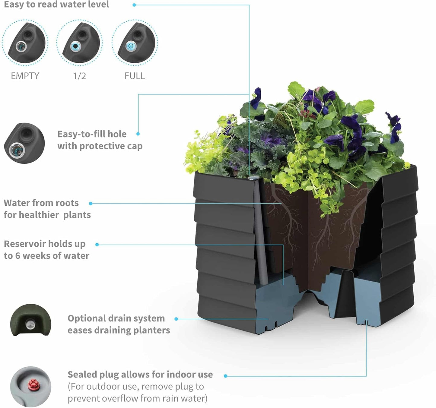 Crescent Garden TruDrop Self Watering Slat Medium Rectangular Planter Box for All-Weather - Outdoor Deck Box Planter for Flowers and Herbs, 36'' x 17'' x 17''H (Shadow)