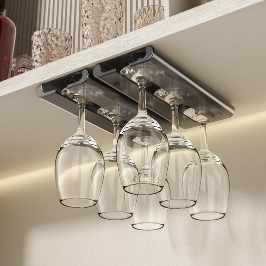 Wine Glass holder, 2Pack Wine Glass Rack, Punch-free Wine Glass Holder Under Cabinet, Stemware Rack for Kitchen and Bar (Grey)