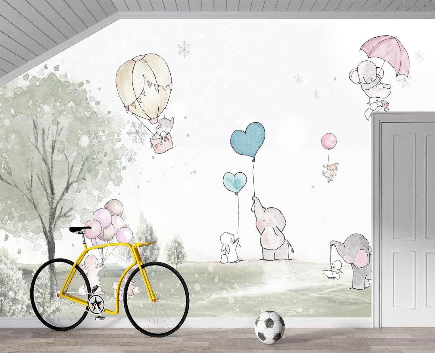 Cartoon Elephant Rabbit Balloon Nursery Wall Mural Wallpaper 137" x 100"