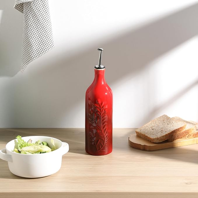 Sweejar Large Olive Oil Dispenser Bottle with Spout, 24 Oz Ceramic Dispenser for Kitchen, Relief Opaque Cruet, Container for Cooking, EVOO, Avocado Oil, Vinegar, Pack of 1(GradientRed)