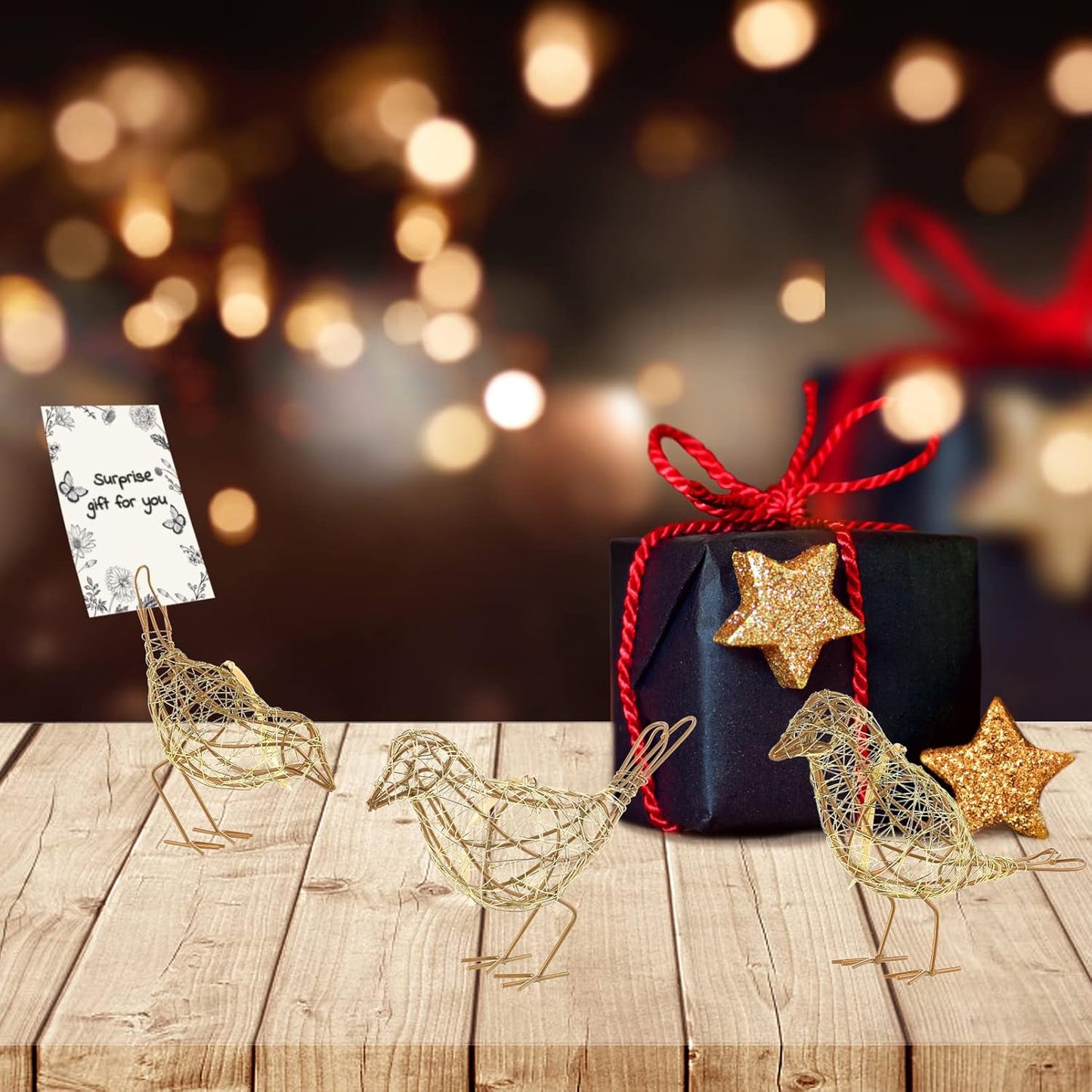 Artisan Handmade Gold-Wire Woven Bird Statues Trio Table Decor- Modern Farmhouse Shelf Decor with Hanging Chain, Multi-Pose Metal Bird Figurines for Home Office & Holiday Display