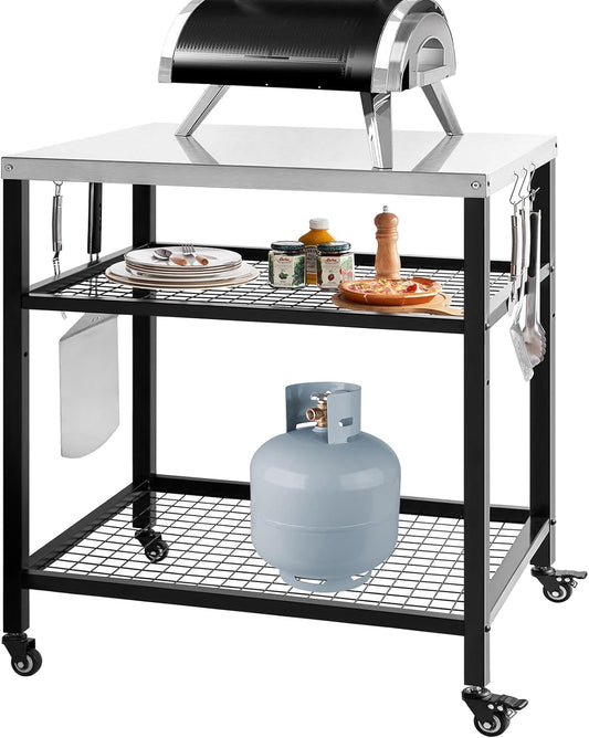 Stainless Steel Outdoor Grill Cart Pizza Oven Stand Trolley Table with Wheels Three-Shelf Movable Food Prep and Work Table Heavy Duty Grill Carts Outdoor Cart 31.5"×24"×35.5"