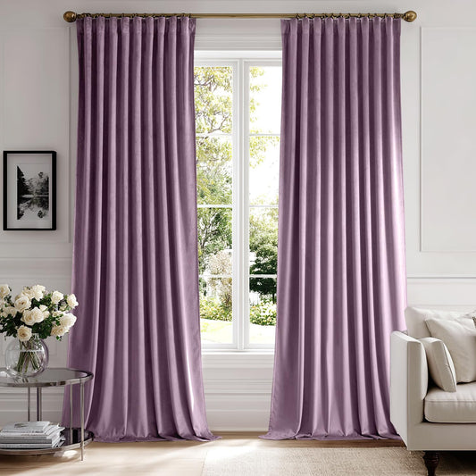 MIULEE Lavender Velvet Curtains 90 inches 2 Panels - Luxury Room Darkening Window Drapes for Bedroom Living Room Thermal Insulated Super Soft Blackout, Back Tab Rod Pocket Pinch Pleated, Purple