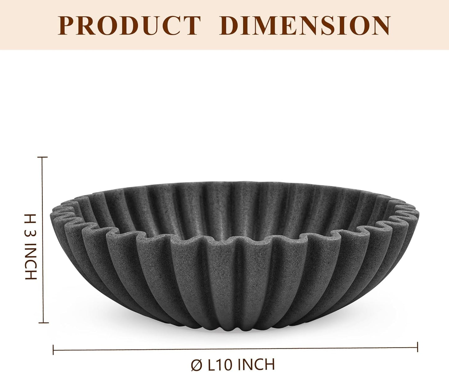 Large Decorative Bowl, Modern Handicraft Bowls for Home Decor, Decorative Fruit Bowl for Kitchen, Ruffle Bowl Decor, Stylish Key bowl for Entry Table, Artificial Stone Black