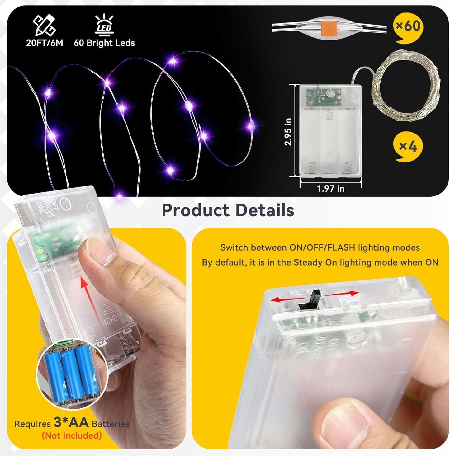 4 Pack 60LED Halloween Fairy Lights Battery Operated - 20FT Twinkle Lights with 2 Lighting Modes Indoor Outdoor, Waterproof Led Fairy String Lights for Christmas, Bedroom, Dorm, DIY Decor, Purple