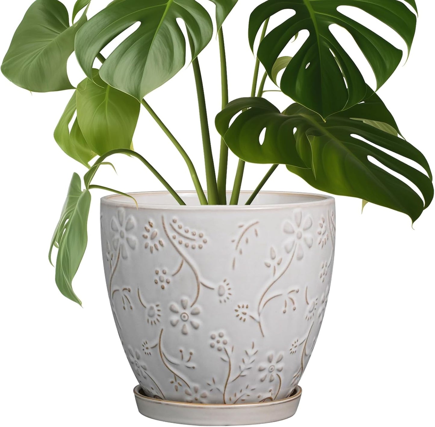 8 Inch Ceramic Pots for Plants Large Planter Pot with Drainage Hole and Saucer Round Flower Pot for Indoor Outdoor Decor, White