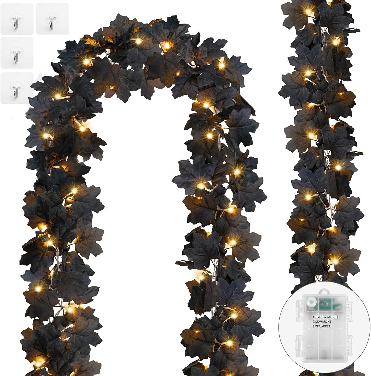 Ouddy Decor 2 Pack Lighted Black Garland Decorations, Total 20 Ft 60 Led Fall Lights Maple Leaves Battery Operated for Indoor Outdoor Thanksgiving Front Door Decor, Warm White