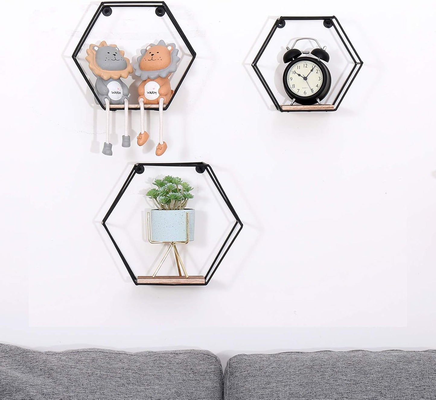 DRNCURN Hexagon Floating Shelves Wall Decor, Black Metal Wire and Wood Wall Mounted Storage Set of 3, Wall Mounted Wood Shelf for Bedroom, Living Room, Bathroom, Kitchen, Picture Ledge Shelf