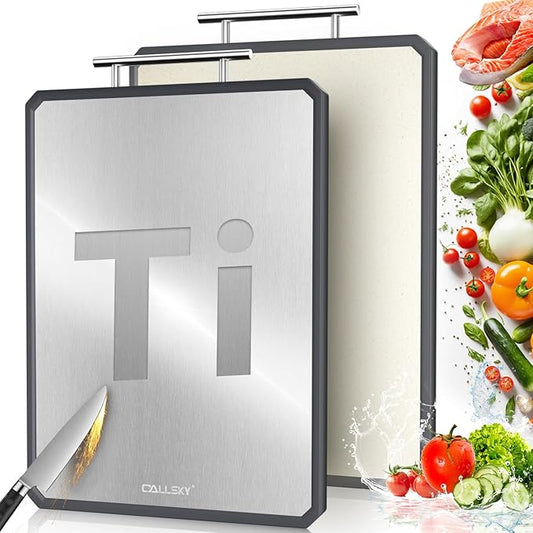 Titanium Cutting Boards for Kitchen, 2 in 1 Metal Cutting Board for Chopping Meat/Vegetables, Double Sided Pure Titanium&Wheat Straw PP Chopping Board, Food-Grade, Dishwasher Safe Large 16.3”×11-1 PC